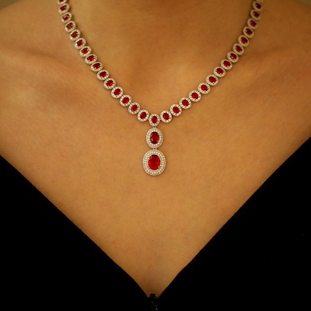 Gemvine Sterling Silver Cubic Crystal Necklace in Red
