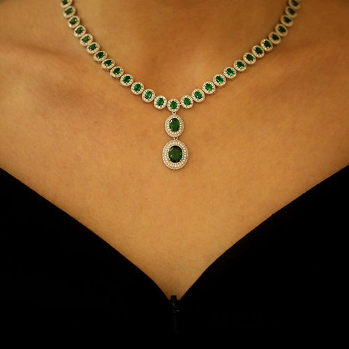 Gemvine Sterling Silver Cubic Crystal Necklace in Green