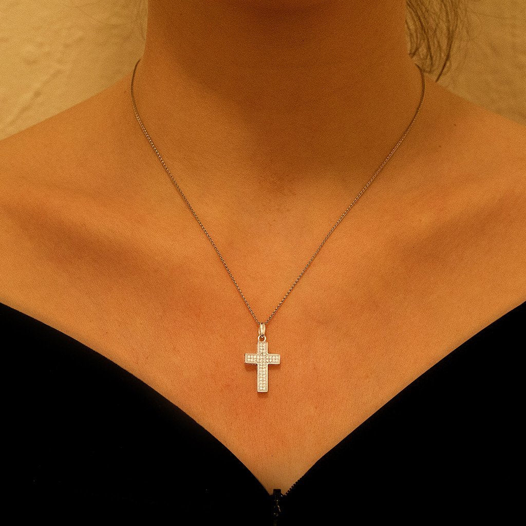 Gemvine Sterling Silver Double Row Cross Pendant Necklace + 18 Inch Adjustable Chain