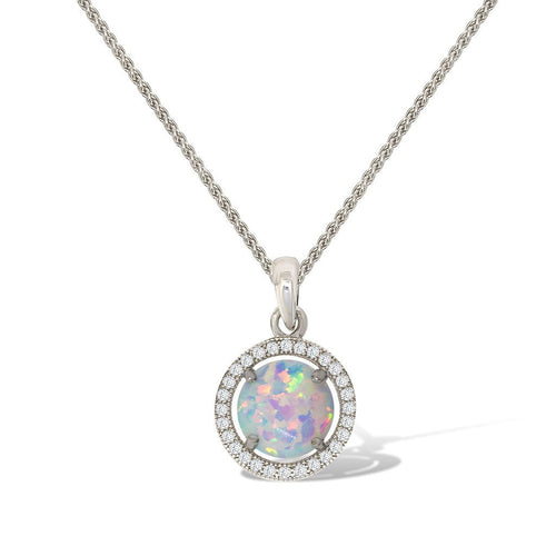 Gemvine Sterling Silver Round Opalique Cubic Stone Pendant Necklace + 18 Inch Adjustable Chain