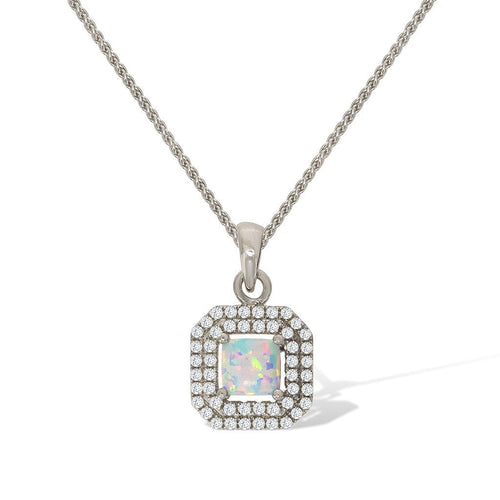 Gemvine Sterling Silver Square Shaped Opalique Cubic Stone Pendant Necklace + 18 Inch Adjustable Chain