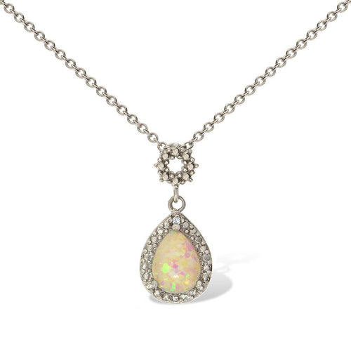 Gemvine Sterling Silver Opalique Teardrop Stone with 0.02ct Diamond Pendant Necklace + 18 Inch Adjustable Chain
