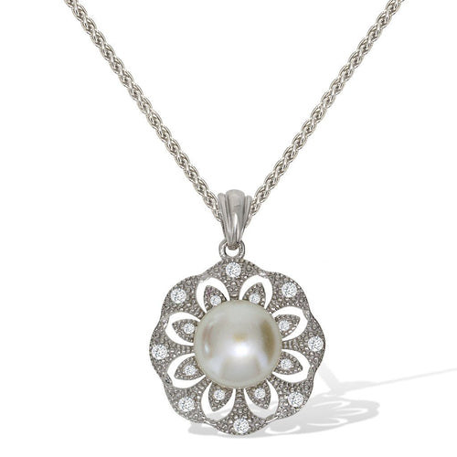 Gemvine Sterling Silver Freshwater Pearl Flower Cubic Pendant Necklace + 18 Inch Adjustable Chain