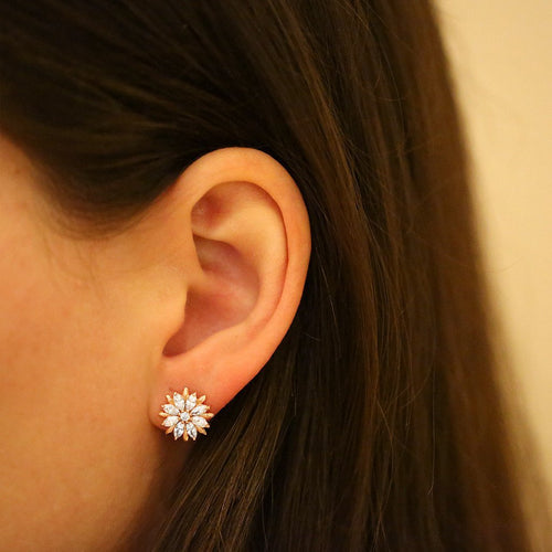 Gemvine Sterling Silver Flower Shape with Sparkling Cubic Zirconia Women's Ear Stud Earrings in Rhodium Rose