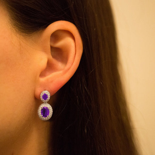 Gemvine Sterling Silver Double Oval Cubic Crystal Women's Drop Dangle Earrings in Purple