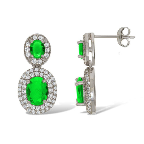 Gemvine Sterling Silver Double Oval Cubic Crystal Women's Drop Dangle Earrings in Green