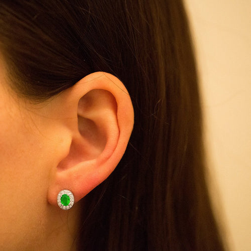 Gemvine Sterling Silver Oval Cubic Crystal Women's Ear Stud Earrings in Green