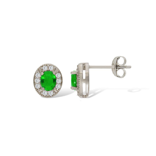 Gemvine Sterling Silver Oval Cubic Crystal Women's Ear Stud Earrings in Green
