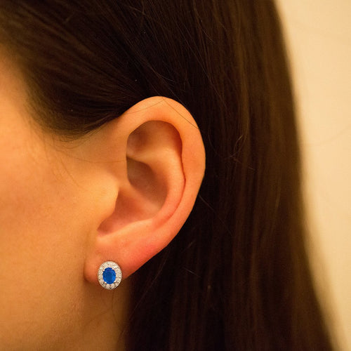 Gemvine Sterling Silver Oval Cubic Crystal Women's Ear Stud Earrings in Blue