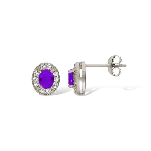 Gemvine Sterling Silver Oval Cubic Crystal Women's Ear Stud Earrings in Purple