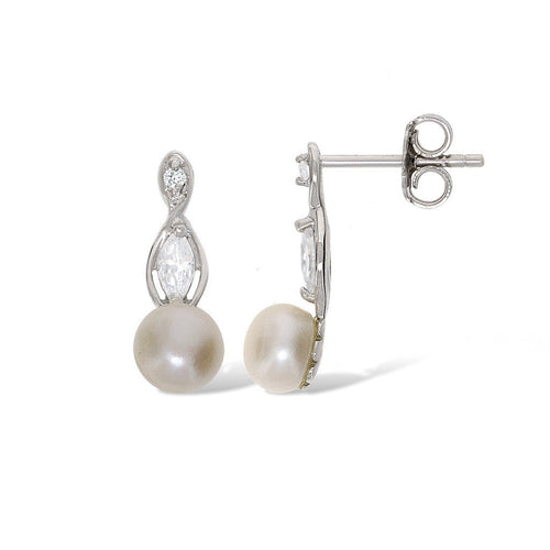 Gemvine Sterling Silver Freshwater Pearl With Oval Cubic Women's Drop Earrings