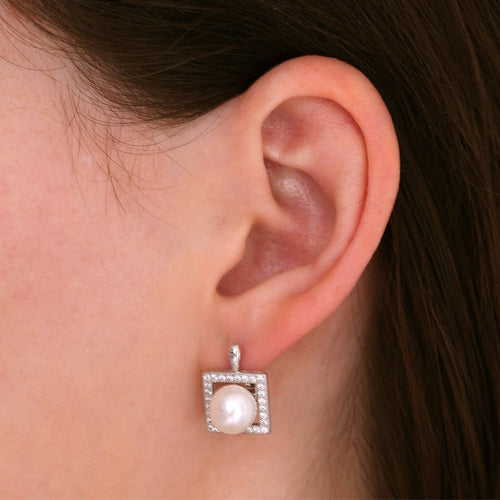 Gemvine Sterling Silver Freshwater Pearl Classic Rectangular Woman's Drop Earrings