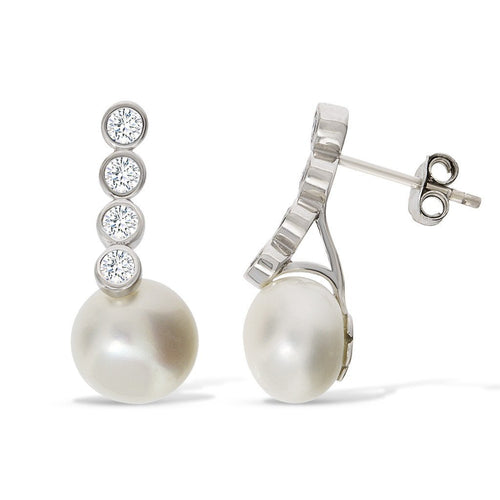 Gemvine Sterling Silver Freshwater Pearl with Cubic Zirconia Woman's Drop Earrings