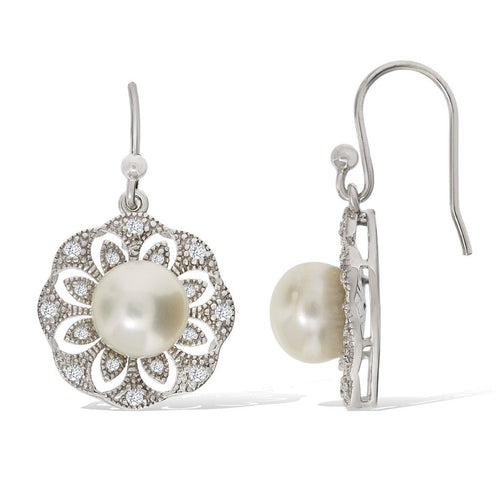 Gemvine Sterling Silver Freshwater Pearl Blossom Woman's Drop Dangle Earrings