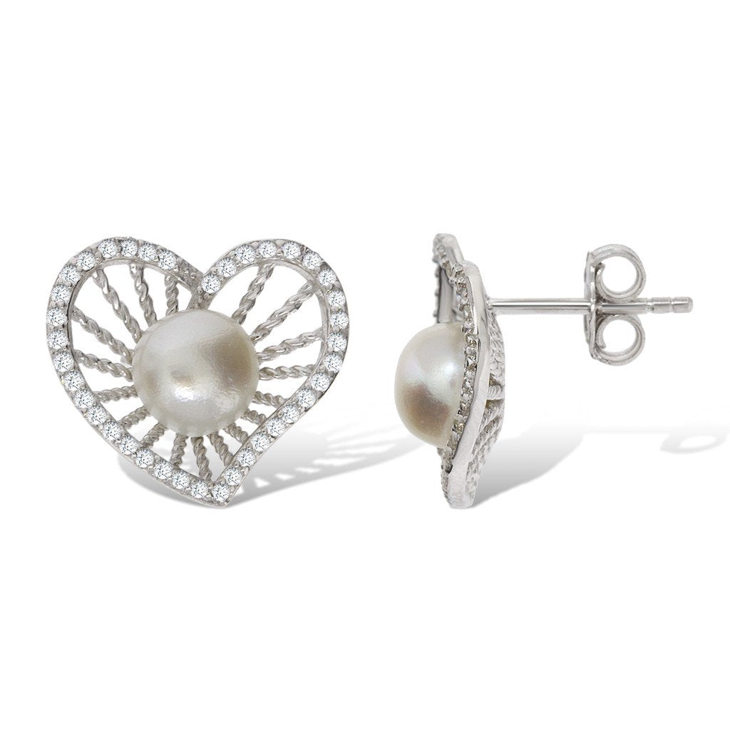 Gemvine Sterling Silver Freshwater Pearl Heart Woman's Drop Earrings