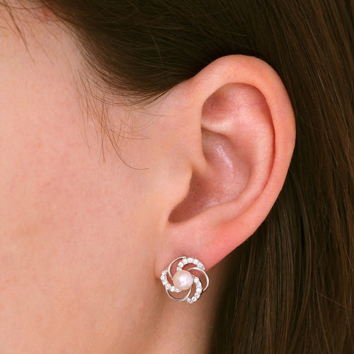 Gemvine Sterling Silver Freshwater Pearl Propeller with CZ Woman's Drop Earrings