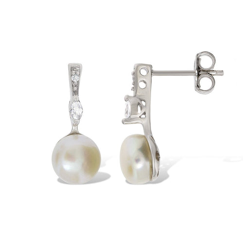 Gemvine Sterling Silver Freshwater Pearl with Zirconia Woman's Drop Dangle Earrings