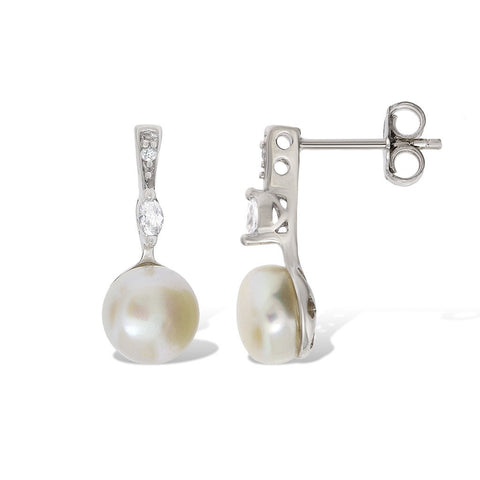 Gemvine Sterling Silver Freshwater Pearl with Cubic Zirconia Woman's Drop Earrings